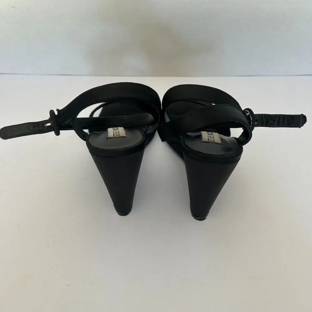 VTG Steve Madden, Black Satin Square Toe Ankle Strap Wedge Heel 8 Classic 90s